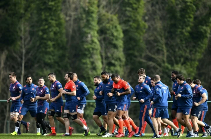 Le XV de France à l'entraînement au centre du rugby de Marcoussis, le 17 mars 2017 à la veille du choc contre le pays de Galles 
