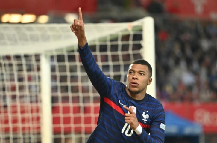 La joie de Kylian Mbappé, après avoir égalisé (1-1) contre l'Autriche, lors du match de Ligue des nations, le 10 juin 2022 au Stade Ernst Happel à Vienne