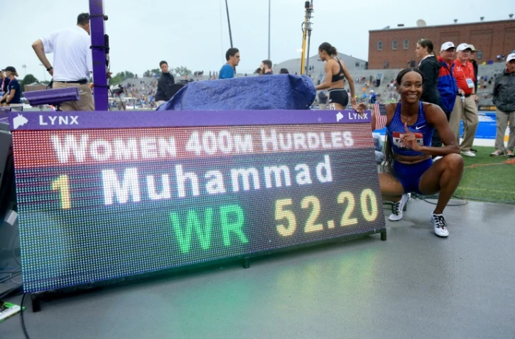 Dalilah Muhammad (d) pose à côté du panneau affichant son record du monde du 400 m haies aux Chpts des Etats-Unis, le 28 juillet 2019 à Des Moines dans l'Iowa