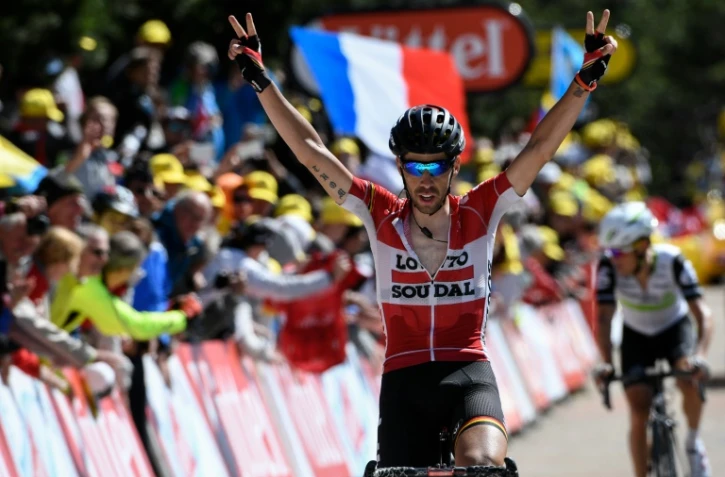 Le coureur belge Thomas De Gendt vainqueur en solitaire de la 12e étape du Tour de France au Chalet-Reynard, le 14 juillet 2016