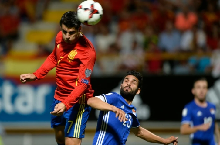 L'attaquant Alvaro Morata (g) auteur d'un doublé face au Liechtenstein en qualifications pour le Mondial-2018 à León, le 5 septembre 2016