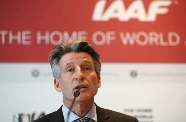 Le président de l'IAAF Sebastian Coe sen conférence de presse, le 4 décembre 2018 à Monaco