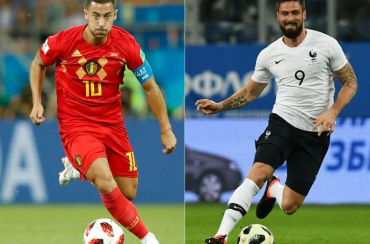 Eden Hazard et Olivier Giroud, coéquipiers à Chelsea, s'affrontent lors de la demi-finale de la Coupe du Monde, le 10 juillet 2018 à Saint-Pétersbourg