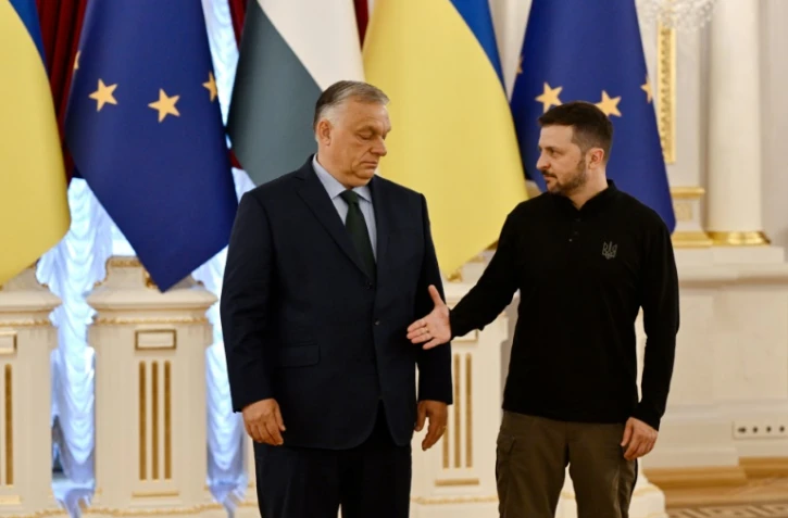 Le président ukrainien Volodymyr Zelensky (D) tend la main au Premier ministre hongrois Viktor Orban en visite le 2 juillet 2024 à Kiev
