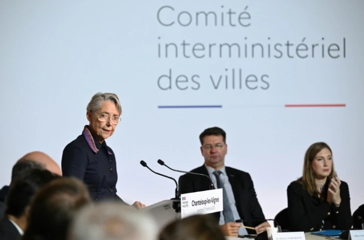 La Première ministre Elisabeth Borne lors d'un Comité interministériel des villes, le 27 octobre 2023 à Chanteloup-les-Vignes, dans les Yvelines