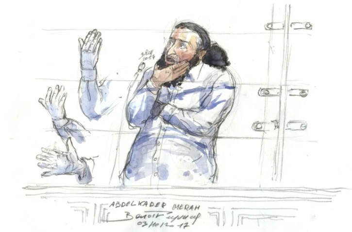 Abdelkader Merah dessiné lors de sa comparution devant la cour d'assises de Paris, le 3 octobre 2017