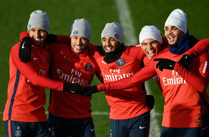 Les joueurs du PSG Marquinhos, Neymar, Lucas, Thiago Silva et Layvin Kurzawa à l'entraînement, le 28 novembre 2017 à Saint-Germain-en-Laye 