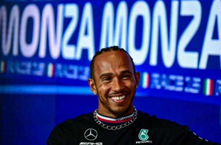 Le pilote Mercedes Lewis Hamilton lors d'un point presse à Monza, le 31 août 2023