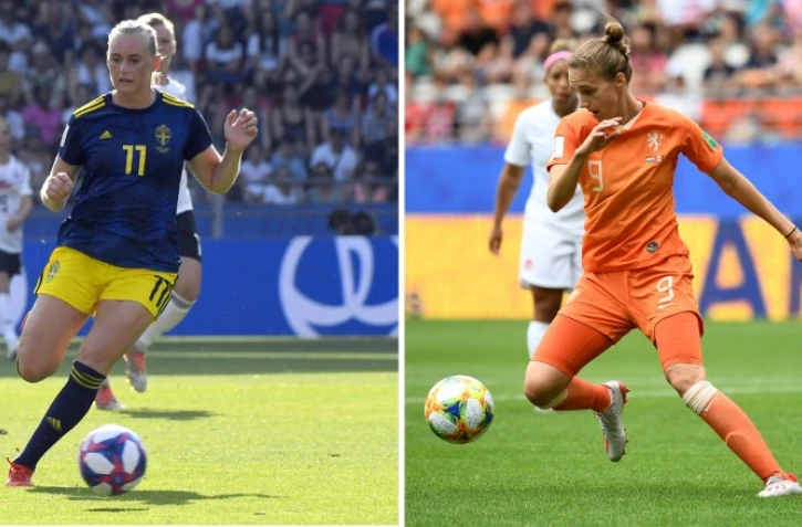 Combophoto représentant les attaquantes suédoise Stina Blackstenius (g) et néerlandaise Vivianne Miedema, réalisée le 2 juillet 2019