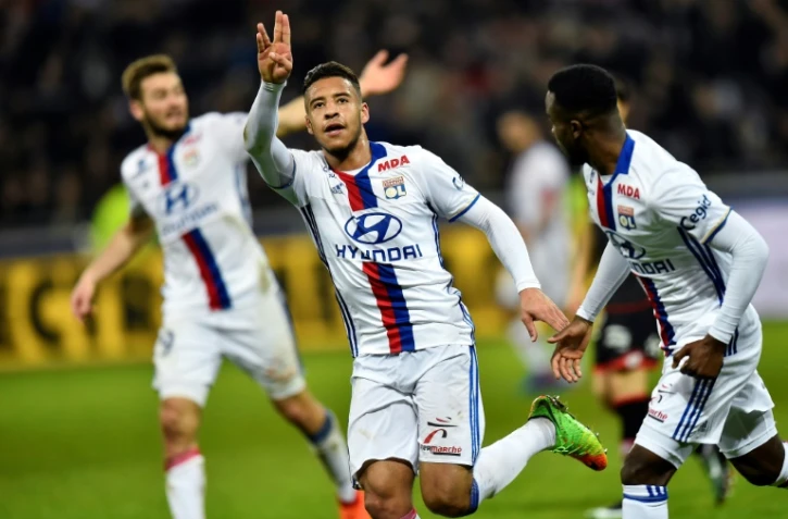 Le milieu de terrain de Lyon Corentin Tolisso, après l'un de ses deux buts face à Dijon, le 19 février 2017 au Parc OL