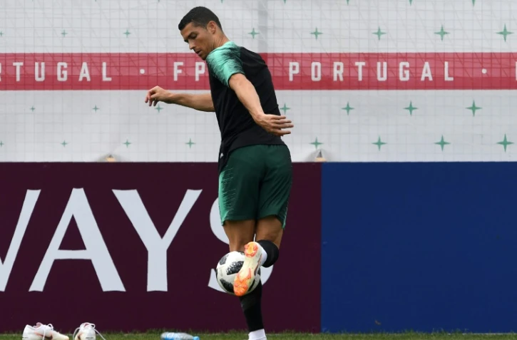 L'attaquant du Portugal, Cristiano Ronaldo pendant un entrainement à Kratovo, à l'extérieur de Moscou, le 19 juin 2018 pendant la Coupe du monde 2018  