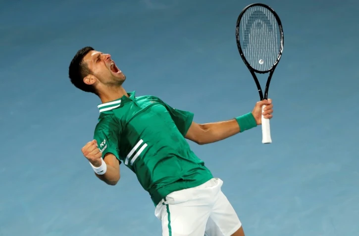 Le Serbe Novak Djokovic après sa victoire sur l'Américain Taylor Fritz au 3e tour de l'Open d'Australie, à Melbourne, le 12 février 2021
