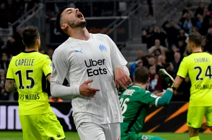 La déception du Serbe Nemanja Radonjic après avoir manqué un but face à Angers, le 25 janvier 2020 au Vélodrome.