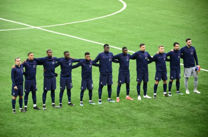 Les joueurs de l'équipe de France alignés face au Kazakhstan en qualifications pour le Mondial-2022 à Nur-Sultan, le 28 mars 2021