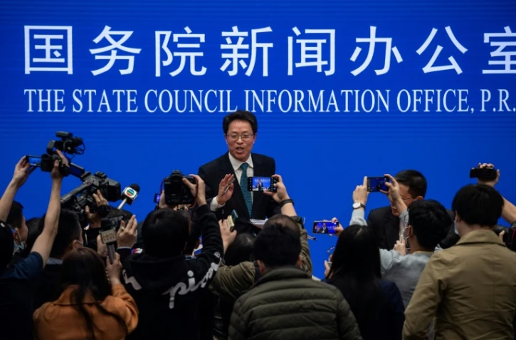 Zhang Xiaoming, haut responsable du Bureau des affaires de Hong Kong et Macao du gouvernement chinois lors d'une conférence de presse à Pékin le 12 mars 2021