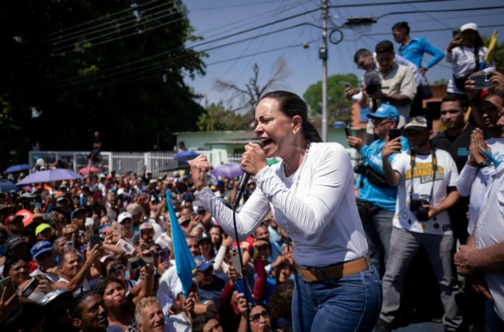 Maria Corina Machado, candidate de l'oppsoition à la présidentielle au Venezuela le 28 juillet, lors de son discours à Mariara, le 13 mars 2024