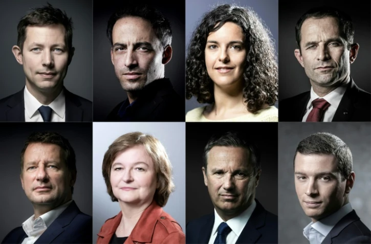Montage photos du 26 avril 2019 des principaux candidats têtes de listes aux élections européennes (g-d, h-b): François-Xavier Bellamy (LR), Raphaël Glucksmann (Place Publique /PS), Manon Aubry (LFI), Benoît Hamon (Générations), Yannick Jadot (EELV), Nathalie Loiseau (LREM), Nicolas Dupont-Aignan (Debout la France), Jordan Bardella (RN)