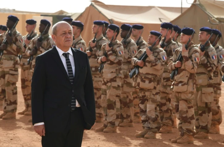 Le ministre de la Défense, Jean-Yves Le Drian lors d'une revue de troupes, le 2 janvier 2015, à Gao au nord u Mali.