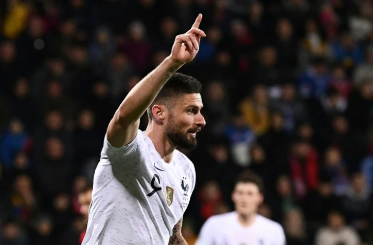 Olivier Giroud exulte après avoir inscrit son 34e but en équipe de France face à la Moldavie, en qualif pour l'Euro-2020, le 22 mars 2019 à Chisinau