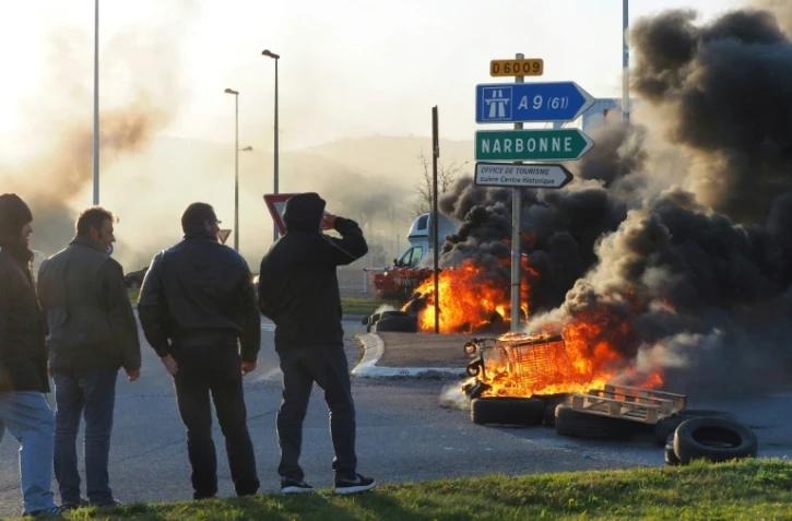 Manifestation de vignerons à Narbonne pour interpeller les candidats à la présidentielle et réclamer la fin de la "concurrence déloyale" des vins espagnols, le 25 mars 2017 