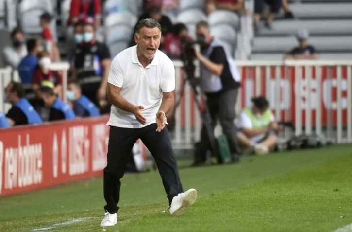 Le nouvel entraßneur de Nice, Christophe Galtier, lors du match contre Lille, comptant pour la 2e journée de L1, le 14 août 2021 au stade Pierre-Mauroy à Villeneuve-d'Ascq