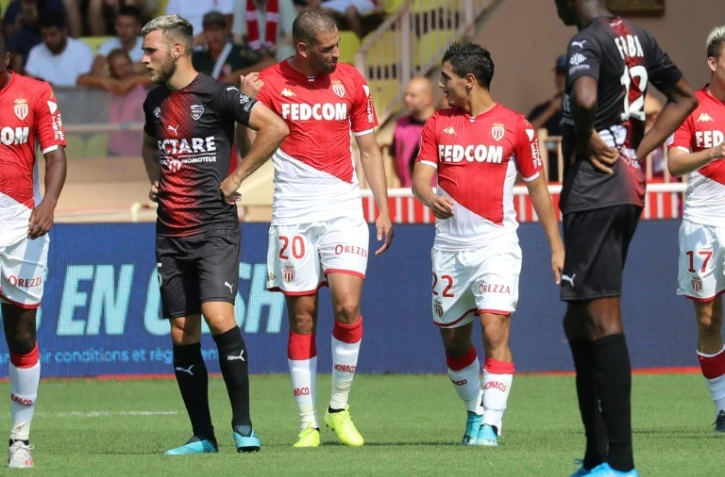 Les attaquant de Monaco Islam Slimani (g) et Wissam Ben Yedder lors du match de L1 contre Nîmes à Louis II, le 25 août 2019
