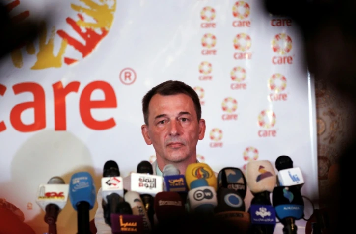 Le chef de l'ONG Care International Wolfgang Jamann lors d'une conférence de presse à Sanaa le 22 juillet 2017