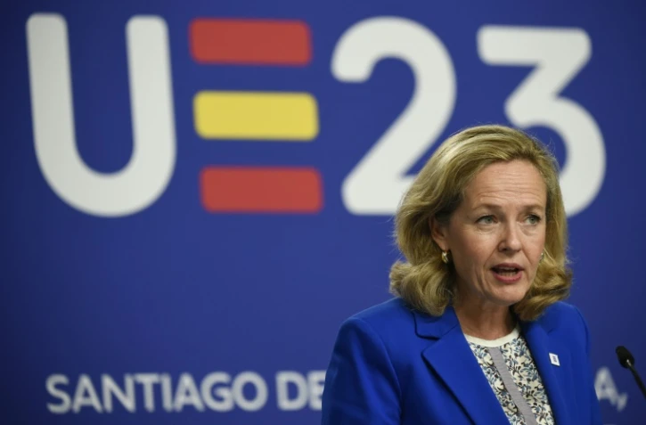 Nadia Calviño, lors d'une conférence de presse à l'issue du conseil informel des affaires économiques et financières (ECOFIN) à la Cité de la Culture de Saint-Jacques-de-Compostelle, le 16 septembre 2023