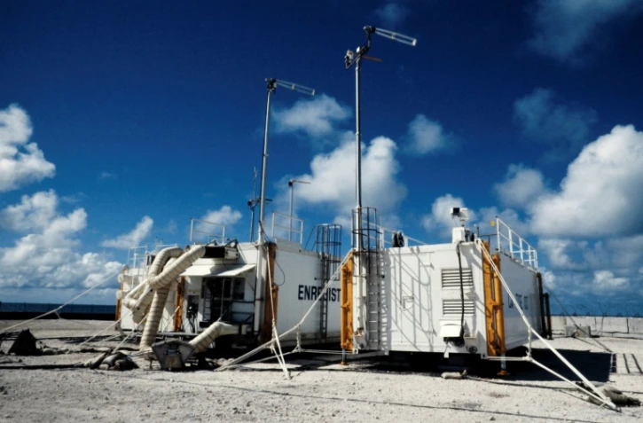 Site d'essai nucléaire sur l'atoll de Moruroa, en octobre 1985