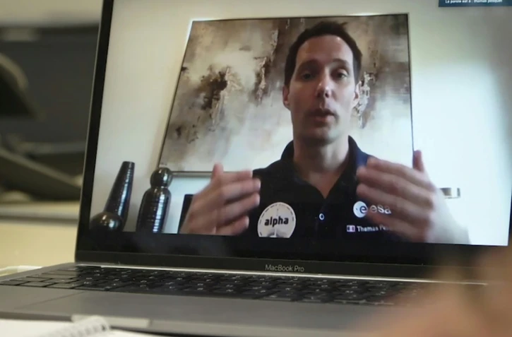 Capture d'écran de l'astronaute français Thomas Pesquet lors d?un entretien avec l?AFP, le 16 février 2021 