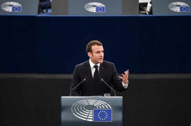 Le président Emmanuel Macron prononce un discours devant les membres du Parlement européen, le 17 avril 2018 à Strasbourg
