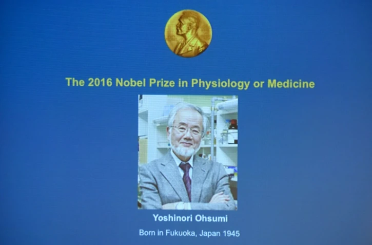 Une photo du Prix Nobel de médecine Yoshinori Ohsumi sur un écran à Stockholm, le 3 octobre 2016