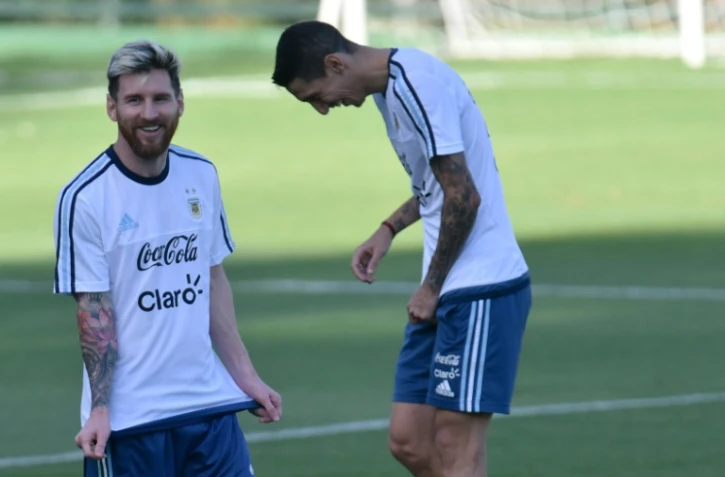 Les Argentins Lionel Messi et Angel Di Maria, à l'entraînement le 8 novembre 2016 à Vespasiano au Brésil