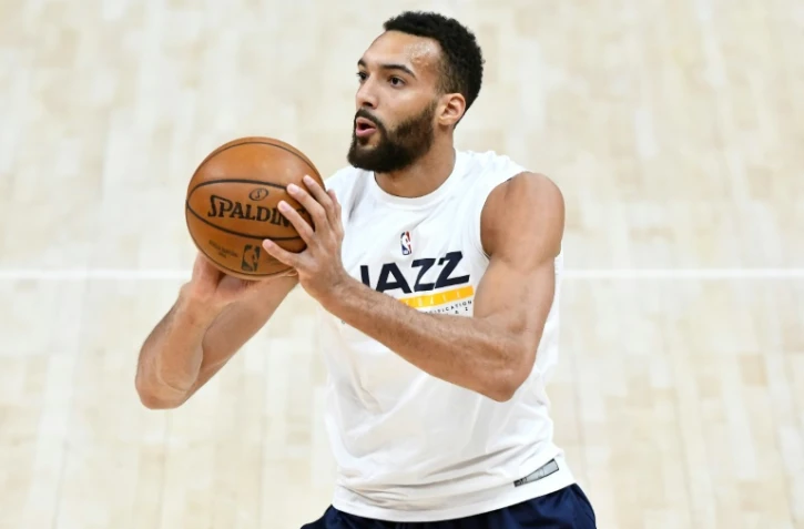 Rudy Gobert à l'échauffement avec le Jazz avant d'affronter les Brooklyn Nets à Salt Lake City, le 24 mars 2021