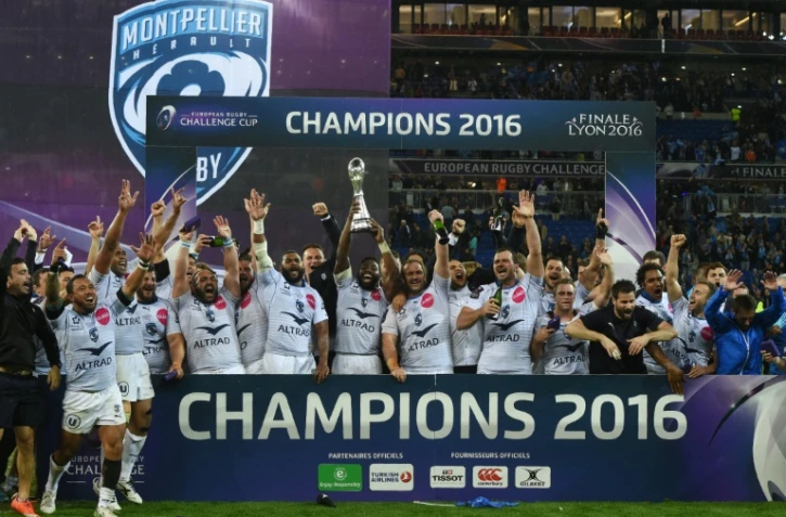 L'équipe Montpellier Hérault Rugby vcictorieuse du Challenge européen devant les Harlequins, le 13 mars 2016 au Parc OL