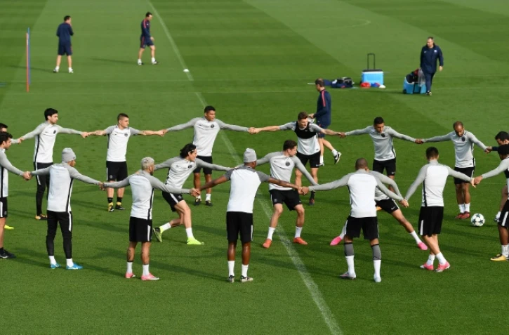 Les Parisiens à l'entraînement au Camp des Loges, le 17 octobre 2017, avant le départ du PSG pour Bruxelles