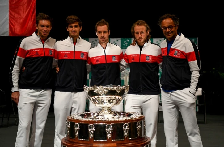 L'équipe de France de Coupe Davis, tenante du trophée, à la veille de sa rencontre du premier tour contre les Pays-Bas, le 1er février 2018 à Albertville