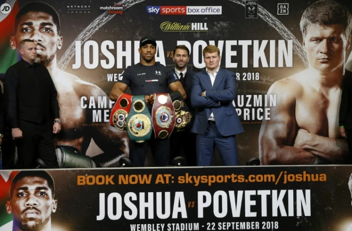 Les poids lourds Anthony Joshua et Alexander Povetkin lors de la présentation de leur combat, titres WBA, IBF et WBO en jeu, le 20 septembre 2018 à Wembley