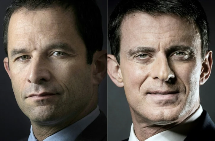 Montage réalisé le 22 janvier 2017 à Paris de portraits d'archives de Benoît Hamon et Manuel Valls