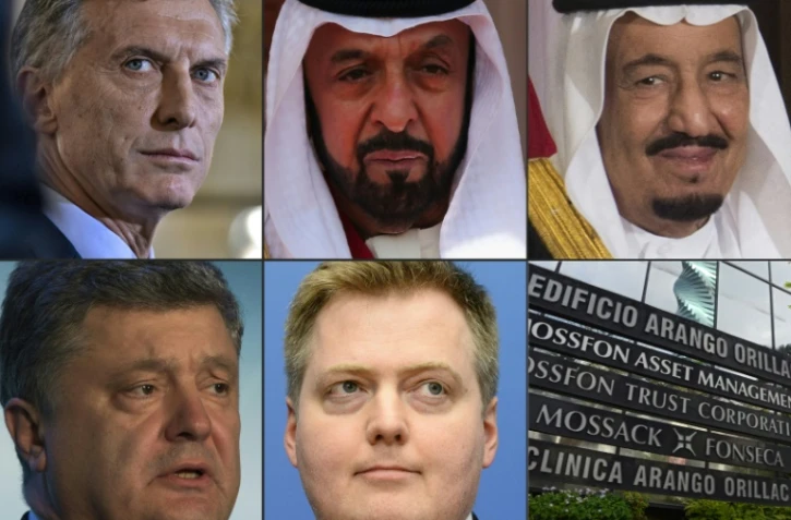 (H à G) le président argentin M. Macri, le Cheikh Khalifa émir d'Abou Dabi et président des E.A.U., le roi d'Arabie saoudite Salman bin Abdulaziz, le président ukrainien Petro Porochenko et le Premier ministre islandais, Sigmundur D. Gunnlaugsson