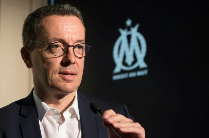 Le président marseillais Jacques-Henri Eyraud lors d'un point presse au siège du club, le 23 mai 2018