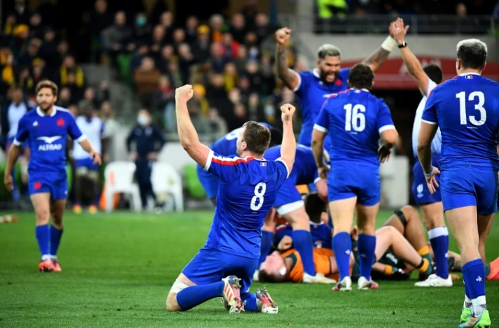 Les joueurs français célèbrent leur victoire sur l'Australie à Melbourne le 13 juillet 2021