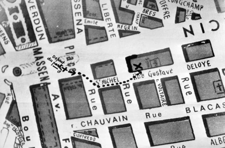 Plan qui a servi aux cambrioleurs pour dévaliser la salle de coffres de la Société Générale à Nice, le 18 juillet 1976