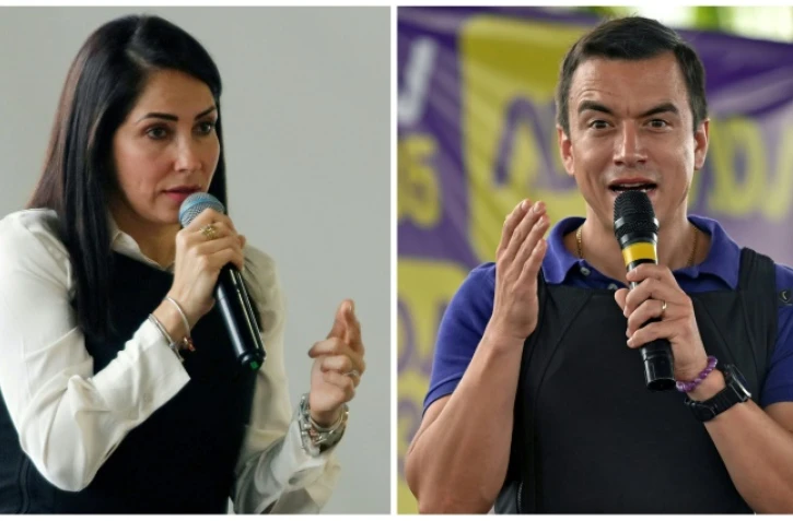 Combinaison d'images montrant la candidate à la présidence de l'Equateur Luisa Gonzalez (g) le 6 octobre 2023, et son adversaire Daniel Noboa lors d'un meeting de campagne à Salinas, en Equateur, le 25 août 2023