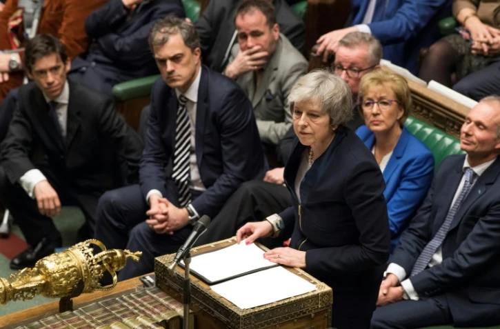 La Première ministre britannique Theresa May, sur une photographie transmise par le Parlement, lors du vote sur l'accord avec l'Union européenne le 15 janvier 2019.