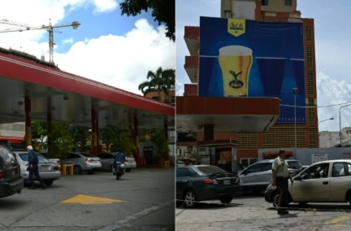 Montage photo montrant, Ă droite, une station service Ă Caracas, le 25 juillet 2019, et, Ă gauche, une station service Ă Maracaibo le 23 juillet 2019