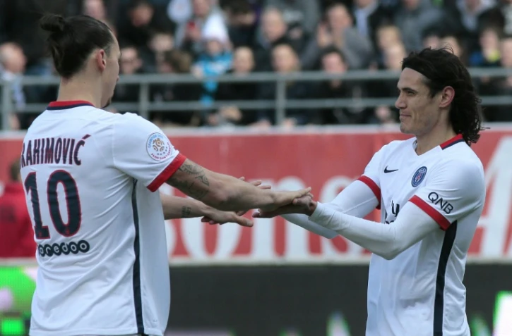 Les attaquants Zlatan Ibrahimovic et Edinson Cavani, auteurs de six des 9 buts du PSG contre Troyes au stade de l'Aube, le 13 mars 2016