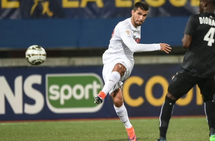 Le milieu de Nancy LoĂŻc Puyo marque face Ă Caen en Coupe de la Ligue, le 26 octobre 2016 au stade Marcel-Picot de Tomblaine