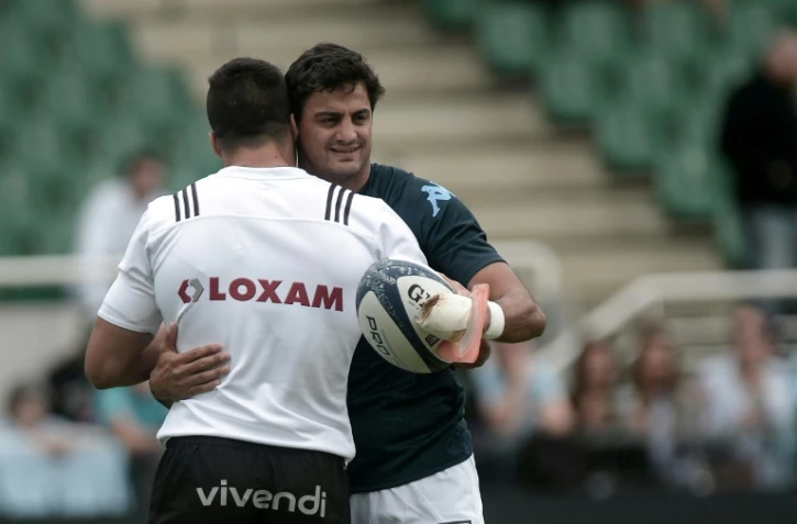 Le joueur de Bayonne l'Argentin Martin Bustos Moyano (d) lors de l'accession en Top 14 aux dépens de Brive le 26 mai 2019 à Pau