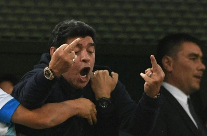 Diego Maradona lors du match de  l'Argentine contre le Nigeria au Mondial, le 26 juin 2018 à Saint-Pétersbourg